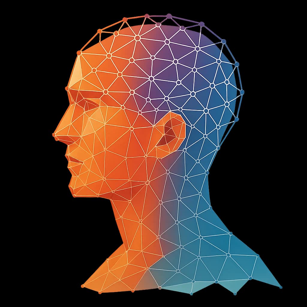 Perfil de um rosto feito de pontos, com o cérebro desenhado por pontos e sinapses.